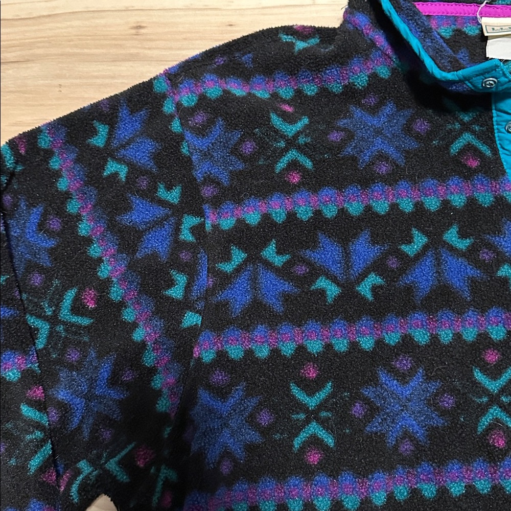 90s LL Bean Fleece Jacket Pullover Neon Snowflake Vintage MADE IN USA Large - Picture 3 of 8